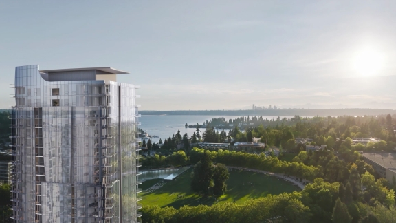 Park Row Bellevue luxury condominium overlooking Downtown Park and Lake Washington in Downtown Bellevue, Washington.